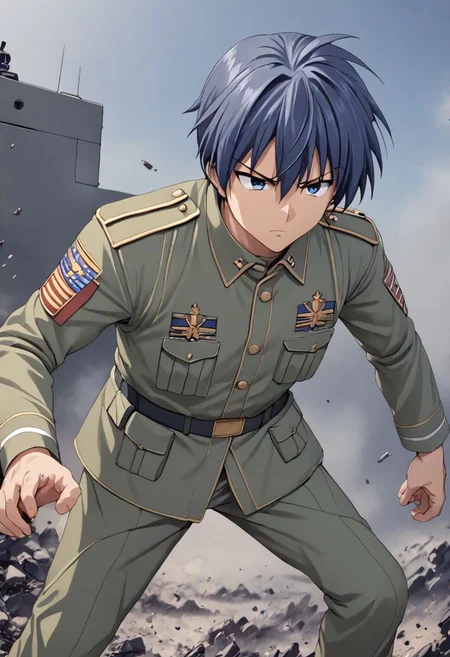high resolution, solo, best quality, 1Boy, Tomoya Okazaki, Grey Blue Hair, military, action, OverallDetail