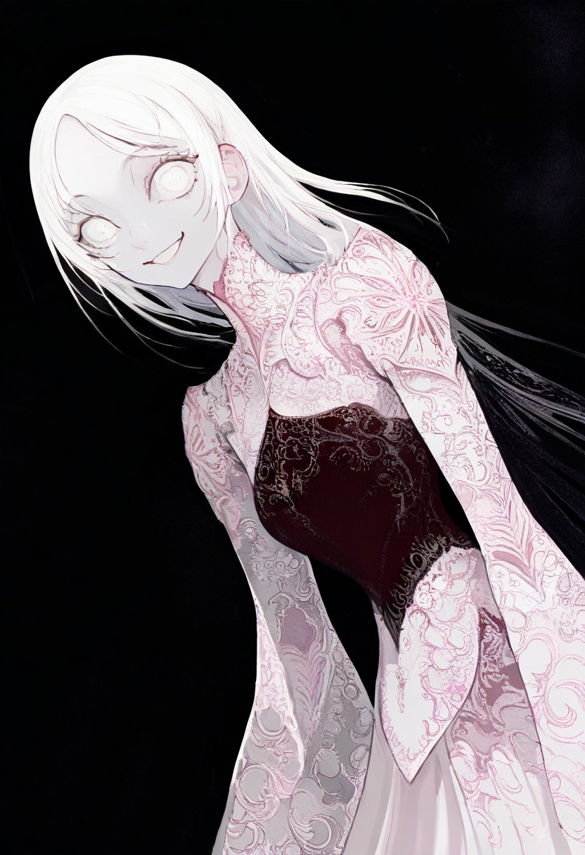 solo, looking at viewer, white eyes, upper body, black background, 1girl, long white hair, extremely pale skin, smiling, 
, ,,,, masterpiece,best quality,very aesthetic,absurdres
 <lora:monfornoob:0.95>