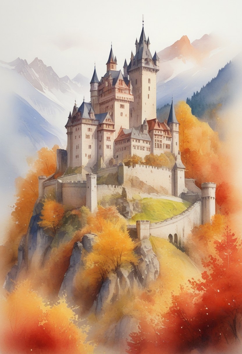 The gorgeous watercolor paintings designed by AI show a European mountain Castle design sense and are pleasing to the eye. The design color is mainly red yellow orange like Autumn landscape.