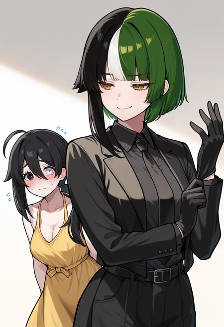 masterpiece, best quality, 2girls,
BREAK long hair, black hair, hair between eyes, single sidelock, ahoge, low ponytail, heterochromia, black eyes, white eyes, yellow sundress, no bra, medium breasts, blush, embarrassed, looking aside,
BREAK short hair, bob cut, yellow eyes, NSMelionPalHair, green hair, black hair, white hair, multicolored hair, medium breasts, jitome, formal, black suit, black jacket, suit jacket, open jacket, long sleeves, black gloves, black shirt, collared shirt, black necktie, black pants, black belt, adjusting gloves, smug, <lora:NSMelionPalHairIllu:1>