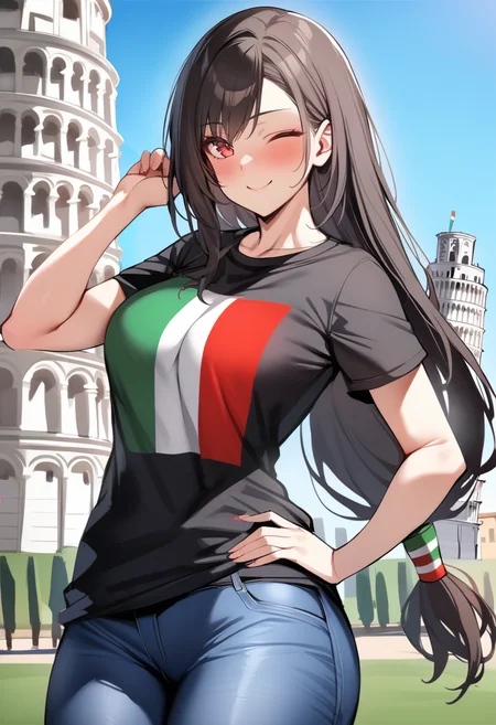 masterpiece, best quality, 1girl, blue_gk <lora:tifa-xl-nvwls-v1-000005:0.9> defTifa, red eyes, low-tied long hair, black shirt with the italian flag, (italian flag t-shirt:1.5), jeans, smile, looking at viewer, leaning tower of pisa, blue sky, wink, one eye closed, hand on hip, cowboy shot
