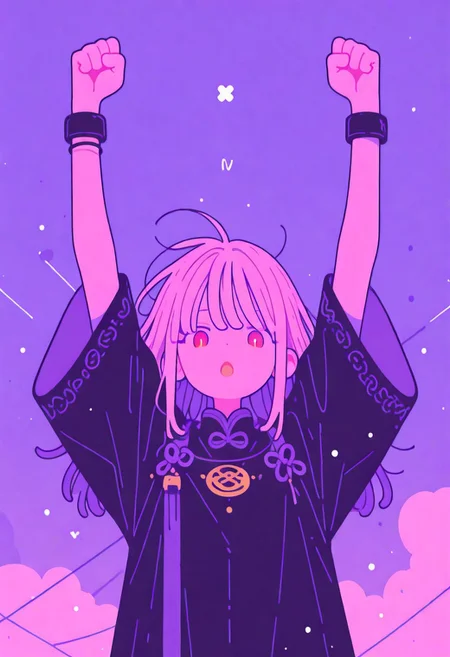 masterpiece, best quality, good quality, newest, highres, absurdres,
1girl, solo, clenched hands, open mouth, red eyes, dress, sky, arms up, bracelet, looking down, wristband, pink skin, wind,
straight on, Flatline, Flat vector illustration <lora:illustriousXL_stabilizer_v1.23:0.3> <lora:NOOB_vp1_detailer_by_volnovik_v1:0.3> <lora:ponyv6_noobE11_2_adamW-000017:0.3> <lora:XXX667:0.7> <lora:checkpoint-e18_s306:2>
