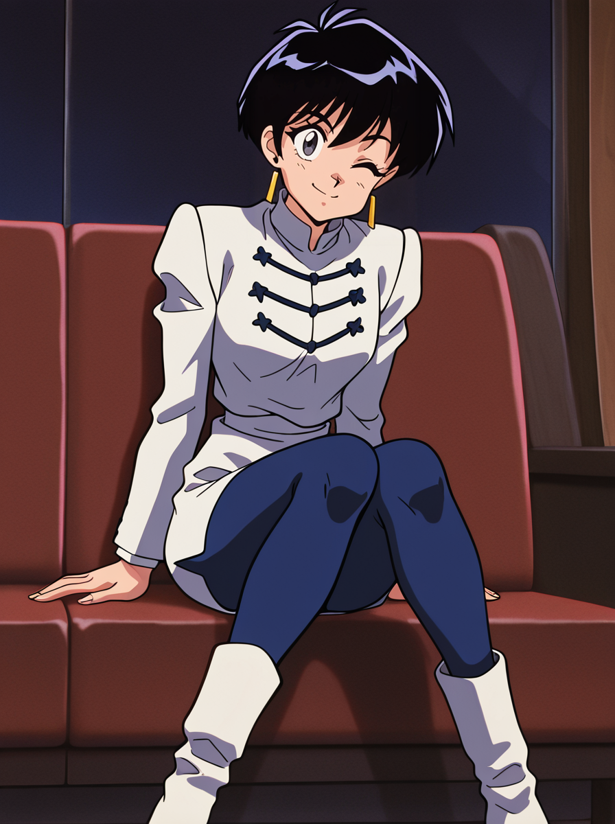 masterpiece, best quality, amazing quality, very aesthetic, absurdres, newest, looking at viewer anime screenshot,  anime coloring, <lora:MerylStryfe:1>merylstryfe, 1girl, solo, black hair, jewelry, earrings, short hair, female focus, retro artstyle, long sleeves, black eyes blue pantyhose,  sitting white_boots smile, wink
