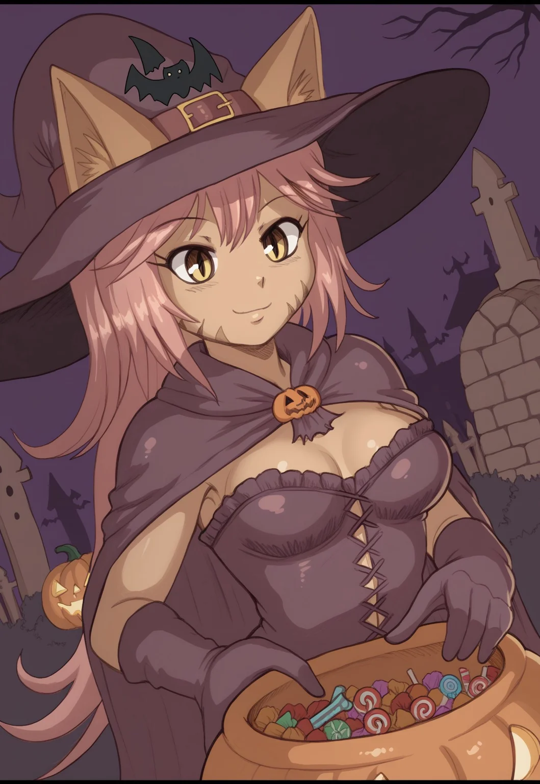 1girl, Caylin, ng_deepnegative_v1_75t, Halloween, 1girl, solo, Halloween fantasy, witch clothes, cauldron, jack o lantern, anatomically correct hands, simple graveyard background, candy, smiling