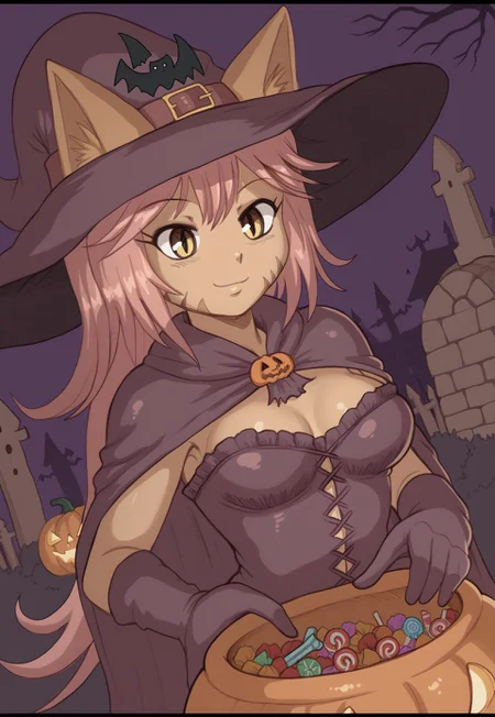 1girl, Caylin, ng_deepnegative_v1_75t, Halloween, 1girl, solo, Halloween fantasy, witch clothes, cauldron, jack o lantern, anatomically correct hands, simple graveyard background, candy, smiling