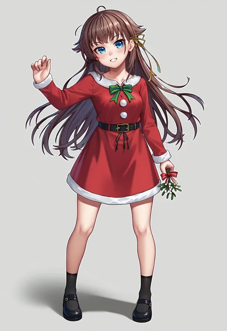 score_9, score_8_up, score_7_up, BREAK, standing, chimney, mistletoe, 
<lora:kashiwazakikanav2:1>, kashiwazakikana, brown hair, blue eyes, hair ribbon, santa dress, santa costume,
