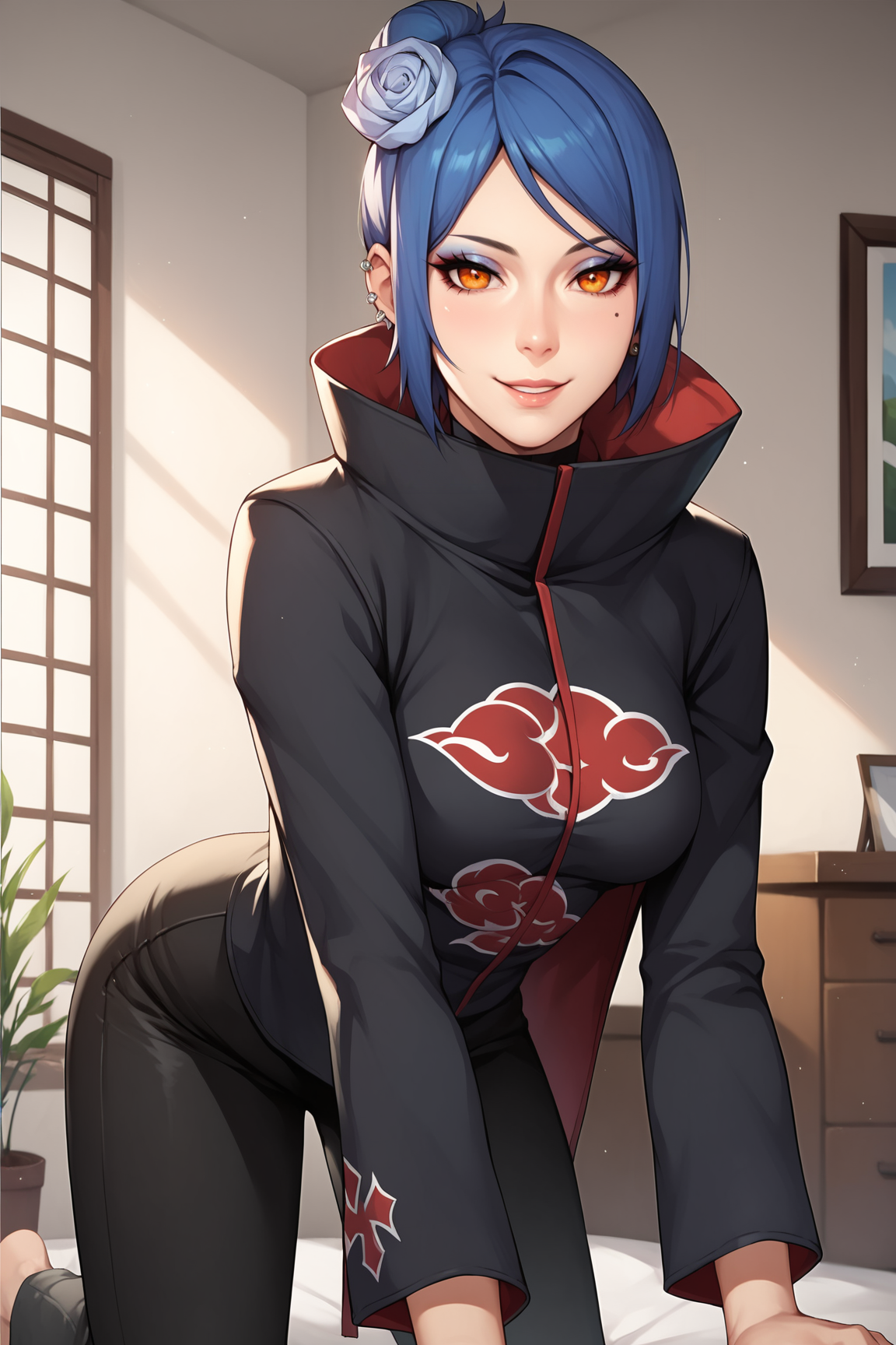 score_9, score_8_up, score_7_up, score_6_up, score_5_up, score_4_up, KonanNSHXL, makeup, orange eyes, blue hair, short hair, single hair bun, hair flower, piercing, medium breasts, high collar, black coat, coat with cloud print, long sleeves, pants, all fours, seductive smile, looking at viewer, indoors <lora:KonanNSHXL:0.7>