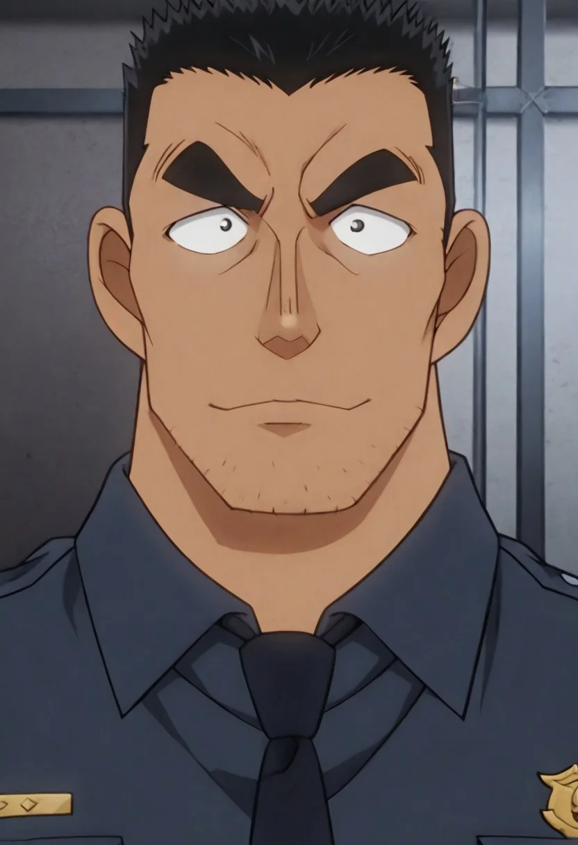 Anime, quality,high quality,masterpiece,extremely detailed,correct anatomy,best aesthetic, detailed face, (EyesHD), (solo), 1man, mature_male, crew cut, (solid pupils:1.5, black short hair, Date Wataru ), tanned skin, puffy nipples, big taller_male, (police uniform, confident face, looking at viewer), on the city street