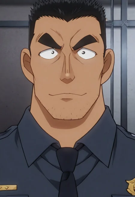 Anime, quality,high quality,masterpiece,extremely detailed,correct anatomy,best aesthetic, detailed face, (EyesHD), (solo), 1man, mature_male, crew cut, (solid pupils:1.5, black short hair, Date Wataru ), tanned skin, puffy nipples, big taller_male, (police uniform, confident face, looking at viewer), on the city street