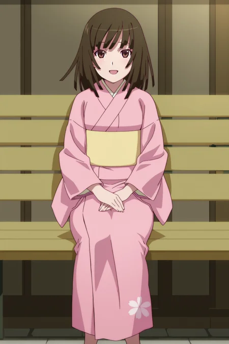 anime screencap, anime coloring, detailed face, masterpiece, best quality, very aesthetic, absurdres, volumetric lighting, official style, amazing quality, ultra detailed,  highres, amazing quality, scenery, beautiful detailed hair, beautiful detailed eyes,
 <lora:Nadeko_Sengoku_Monogatari_Series:1>
outside, at a Japanese festival,
girl is 18 years old, mature girl, Nadeko pink kimono (outfit), Nadeko Sengoku (character), 1girl, sengoku nadeko, solo, kimono, japanese clothes, pink kimono, sitting, brown eyes, brown hair, long legs, legs, black hair, on a bench, looking at the viewer, :D, happy girl