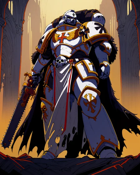 Anime Illustration, full body, Space Marine, white scars legion, portrait, standing. He is holding 40kchainsword. He is wearing a dead white helmet, intricate dead white armor, gold trimmings, cross detailing, tabard, torn cape, gauntlets, black fur, plate armor, dead white full armor, panoply, gothic architecture, background, extremely detailed, absurdres, masterpiece, cel shading,
<lora:Astartes:0.8> <lora:add-detail-xl:0.8> <lora:Bad_Hands_lora:0.8> <lora:Chainsword_-_Warhammer_40000_SDXL:0.8>