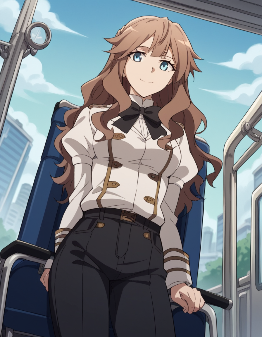 score_9, score_8_up, score_7_up, source_anime, <lora:fiore-forvedge-yggmillenia-apocrypha-s1-ponyxl-lora-nochekaiser:1>, fiore forvedge yggdmillennia, long hair, blue eyes, brown hair, sidelocks, medium breasts,, long sleeves, bow, pants, bowtie, uniform, black bow, chair, black pants, white jacket, wheelchair, train station, waiting for train, suitcase, traveling, commute, city skyline, hands behind back,, smile, from below, looking at viewer, solo,, dutch angle, cowboy shot