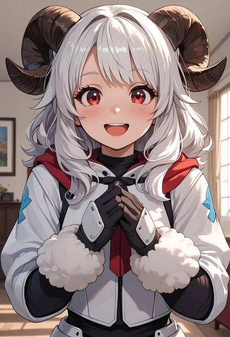 score_4,score_5,score_6,score_7_up,score_8_up,score_9 ((masterpiece,best quality,ultra detailed,highres,HD,4k:1.2)),
1 cute girl,solo,girl focus,solo focus,face focus,
indoors,
sheep horns, fluffy hair, long hair, white hair,red eyes,
hood, Hood down,white armor,gloves, red boots,pants,fluffy socks,
looking at viewer,
smile,happy,open mouth,blush,