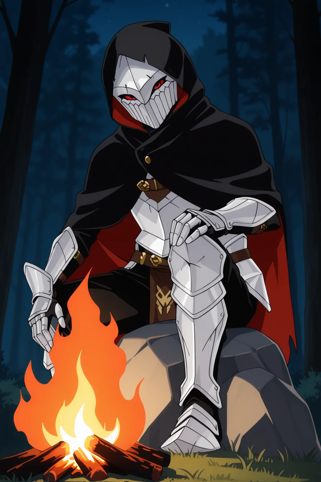 umbralknight, solo, simple background, 1boy, looking at viewer, full body, red eyes, male focus, hood, cape, armor, black background, gauntlets, mask, cloak, hood up, hooded cloak, anime_coloring, anime_screencap,
BREAK
sitting, sitting on rock, arm on knee,
BREAK
outside, forest, bonfire, night
BREAK
masterpiece,best quality,absurdres,very aesthetic,perspective, <lora:umbralknight_IL_Lora_v1:1> <lora:Lune_soft_style:1>