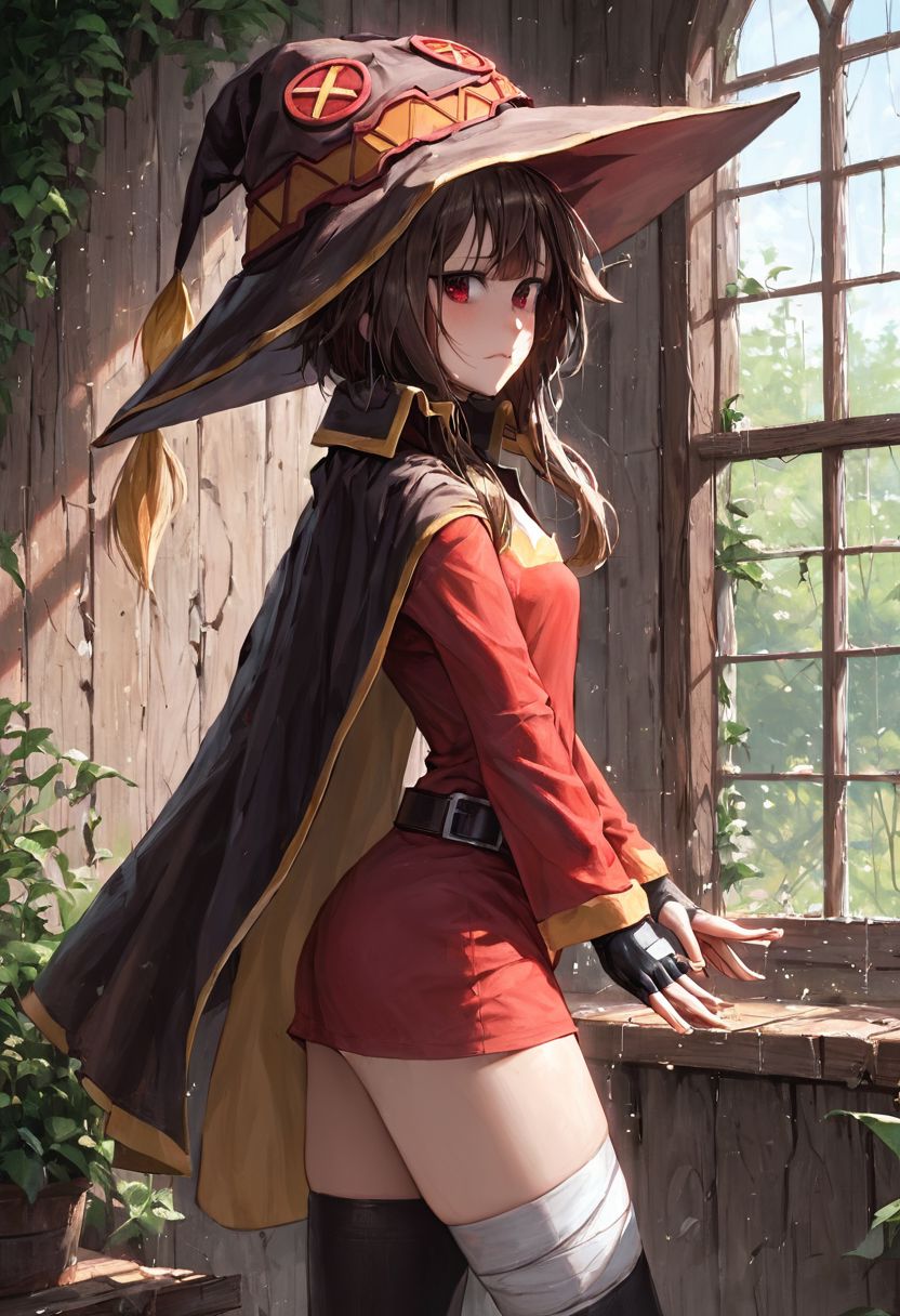 score_9, score_8_up, score_7_up, ((masterpiece)), ((best quality)), 8k, high detailed, ultra-detailed, (((anime))), SFW, 1girl, perfect eyes, cinematic lights, 50mm photographic, very hand detailed, red sparkles, red particles on character corner, ((Megumin)), short hair, sidelocks, brown hair, red eyes, small breasts, fingerless gloves, bandaged leg, black gloves, witch hat, black belt, red dress, short dress, asymmetrical legwear, black collar, black cloak, black hat, black thighhighs, angry, ((preparing a spell with character hands)), ((magic spell on hands)), magic, fire sparkle, wind slashes, side conjuring a spell, ((side view)), ((explosion effects)), sparks, light rays, dramatic lighting
BREAK,
medieval background, wall wooden door, wall of rocks, centinel, green bushes, ancient castle in ruins, stone walls covered in vines, broken windows,