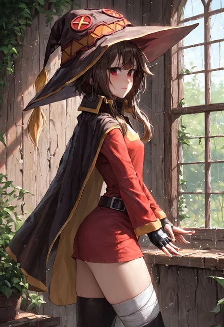 score_9, score_8_up, score_7_up, ((masterpiece)), ((best quality)), 8k, high detailed, ultra-detailed, (((anime))), SFW, 1girl, perfect eyes, cinematic lights, 50mm photographic, very hand detailed, red sparkles, red particles on character corner, ((Megumin)), short hair, sidelocks, brown hair, red eyes, small breasts, fingerless gloves, bandaged leg, black gloves, witch hat, black belt, red dress, short dress, asymmetrical legwear, black collar, black cloak, black hat, black thighhighs, angry, ((preparing a spell with character hands)), ((magic spell on hands)), magic, fire sparkle, wind slashes, side conjuring a spell, ((side view)), ((explosion effects)), sparks, light rays, dramatic lighting
BREAK,
medieval background, wall wooden door, wall of rocks, centinel, green bushes, ancient castle in ruins, stone walls covered in vines, broken windows,