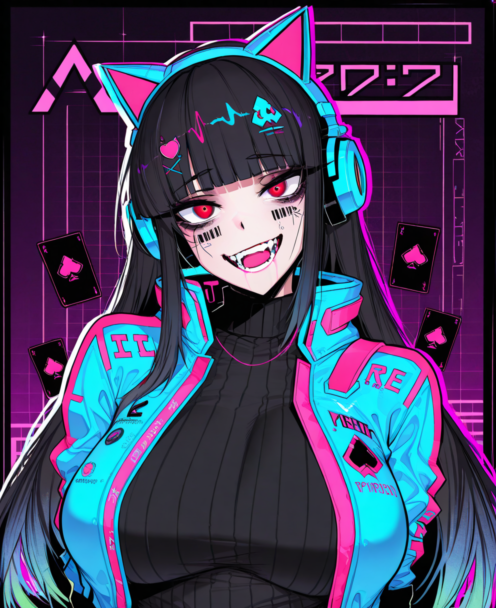<lora:ace_glitch-000023:1> ace_glitch,
(masterpiece), (best quality), (ultra-detailed), amazing quality, very aesthetic, illustration, perfect composition, intricate details, absurdres, incredibly absurdres, shiny skin, realistic,
 ace_glitch, 1girl, breasts, black hair, facial tattoo, barcode, long hair, barcode tattoo, red eyes, animal ear headphones, solo, fake animal ears, tattoo, animal ears, large breasts, headphones, open mouth, , blunt bangs, jacket, cat ear headphones,  card, gloves, sweater, card, turtleneck sweater, turtleneck, ribbed sweater, looking at viewer, upper body, smile, black sweater, cyberpunk, hair ornament, facial mark, sensitive