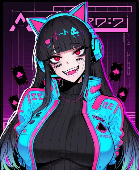 <lora:ace_glitch-000023:1> ace_glitch,
(masterpiece), (best quality), (ultra-detailed), amazing quality, very aesthetic, illustration, perfect composition, intricate details, absurdres, incredibly absurdres, shiny skin, realistic,
ace_glitch, 1girl, breasts, black hair, facial tattoo, barcode, long hair, barcode tattoo, red eyes, animal ear headphones, solo, fake animal ears, tattoo, animal ears, large breasts, headphones, open mouth, , blunt bangs, jacket, cat ear headphones, card, gloves, sweater, card, turtleneck sweater, turtleneck, ribbed sweater, looking at viewer, upper body, smile, black sweater, cyberpunk, hair ornament, facial mark, sensitive
