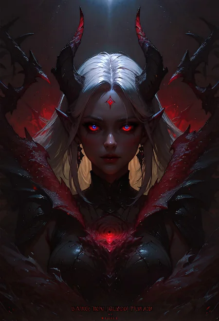 score_9, score_8_up, score_7_up, 1girl, solo, glow eyes, white hair, red light, demon, full face, symmetry, dark theme <lora:pony/concept_art_darkside:0.8> concept art, realistic <lora:pony/gwent_v2.0:0.6> gwentstyle <lora:pony/expressiveh:0.8> expressiveh