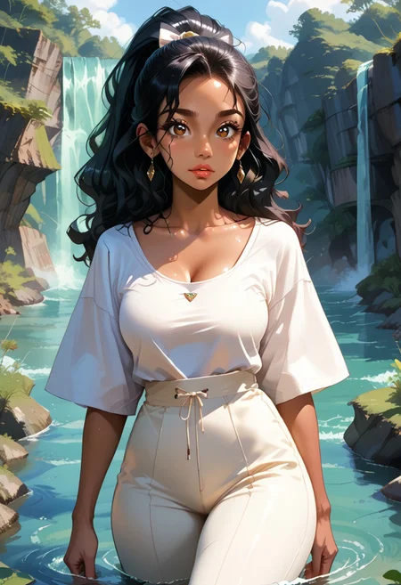 masterpiece, best quality, highres, score_9, score_8_up, score_7_up, score_6_up, score_5_up, score_4_up, score_9, score_9, BREAK, zPDXL2, 1girl, , ami reyes, amihan ami reyes, almond-shaped brown eyes, Long wavy black hair, tied in a high ponytail, medium tan, dark skin, ,, wearing a dramatic cape, standing on a cliff overlooking the ocean at dawn, wind blowing through her hair ((swooping breasts:1.2)), (((large swooping breasts:1.4))), large swooping breasts, plumpy chest, (super tight, fat is overflowing plump), super tight, overflowing pump in clothes, exposed cleavage, deep cleavage, narrow waist, (slender waist:1.1), ((thick thighs:1.2)), (wide hips), WET BODY, SPLASH OF WATER, river, ocean, waves of ocean,(waterfalls background)