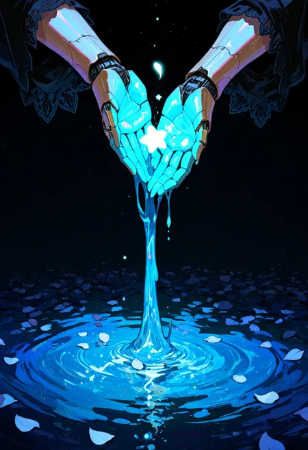 (buchi \(qooo003\), aleriia v, tonton, kyu yong eom:0.9),, masterpiece, newest,absurdres,very awa, solo, 1girl, (mudra:1.2), outstretched hands, closeup, cyborg, jacquard, holding water, intricate detail, iridescent, glowing,,mcnm BREAK (melting:1.1), (magical barrier), light particles,petals on liquid, (blending:1.2), abstract background,