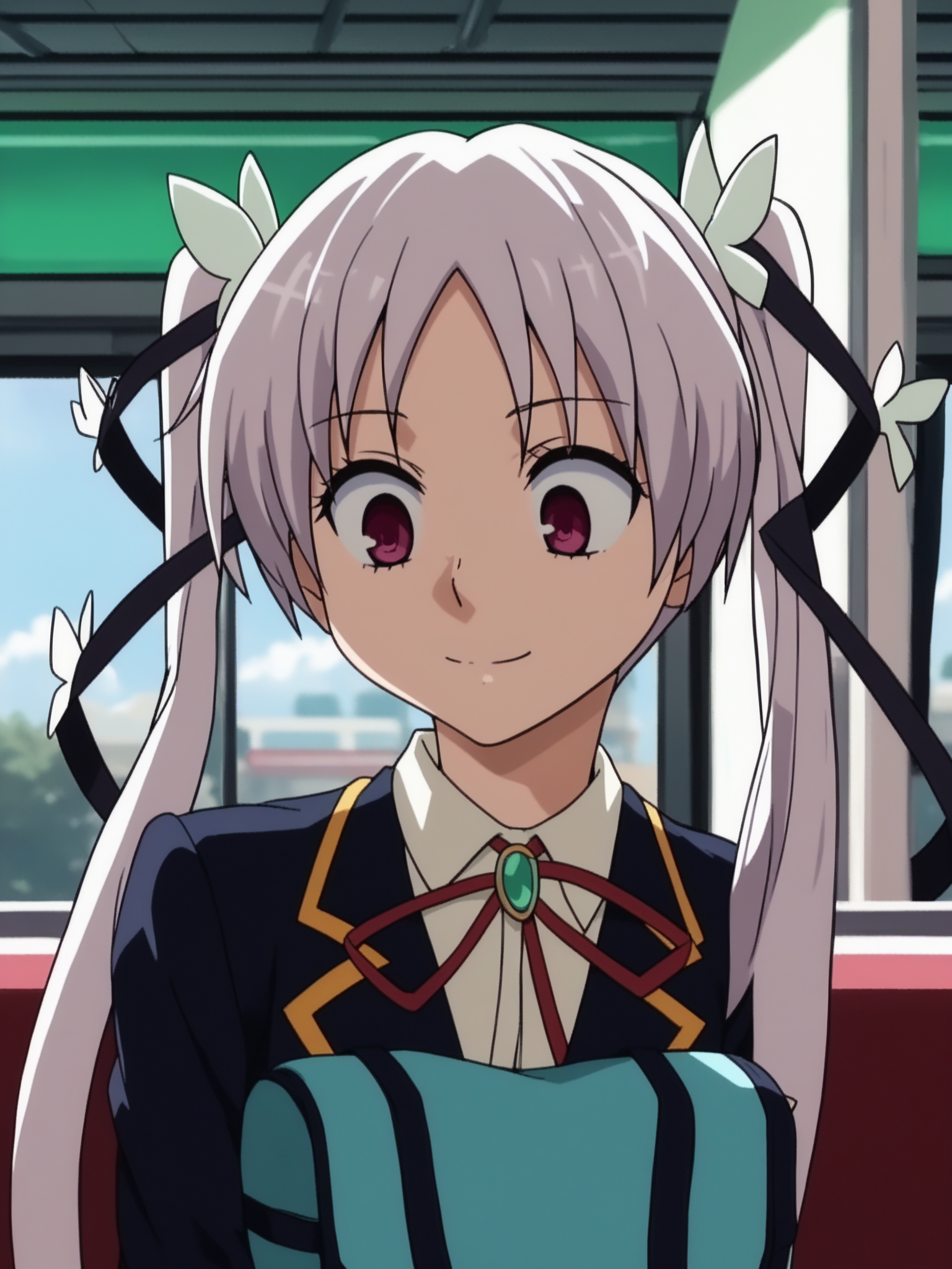 <lora:happy_tentacle-ageha-v0.1-000020:0.9>, ht_ageha, school uniform, skirt, thighhighs, zettai ryouiki, train interior , 1girl, solo, upper body , wide-eyed , exhausted , smile , looking down , , from back , score_9, score_8_up, score_7_up, score_6_up, score_5_up, score_4_up