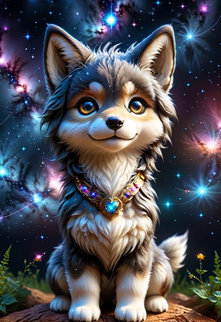 (((videogame_style))), (sharp focus:1.2), lineart, flat color, monochrome, greyscale, depth of field, bokeh, 8k, OLED, 1 baby wulf, being playful, wearing ribbon choker in different colours, different fur, super cute,, The wulf raises its paws towards the viewer, in the galaxy, space wulf flying in the stars,lluminated by the ethereal glow of cosmic lightning, the light is reflecting shadows on the cute animal, for the viewer, it appears alive, as if a glimpse of its inner sparkle is possible, star sky, peacful and grateful atmosphere, painted hearts, magical atmosphere, close up, (((cuteness overload))), <lora:detailed_notrigger:0.9>, zhibi <lora:zhibi:0.8>, <lora:tweak-detail-xl:0.7> <lora:Jed-Cosmos-sdxl:0.7> Jed-Cosmos