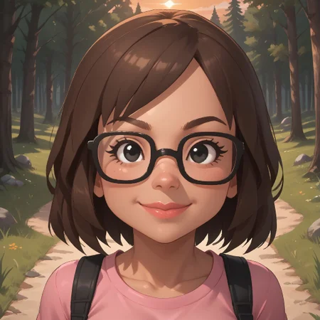 score_9, score_8, BREAK, solo, wii, mii, wii sports, 1girl, female mii, brown hair, black eyes, brown eyebrows, glasses, lips, pink clothing, white pants, sandals, breasts, nintendo mii, modern_mii, classic_mii, Cattebeke_(OC_Mii), cute, dark skin, sexy pose, self portrait, smile, outdoors, sunlight, shadows, evening lighting, natural lighting, forest, trees, grass, orange sky, sunset
