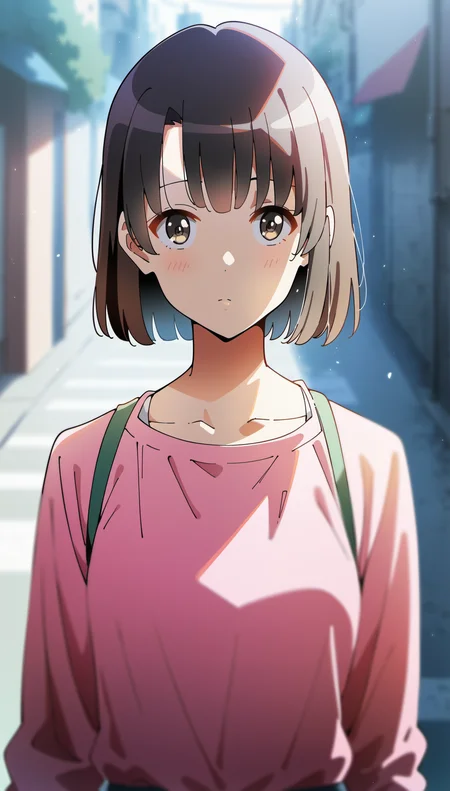 score_9,score_8_up,score_7_up,
<lora:megumikato:0.9>,
megumikato,
1girl,solo,black hair,bangs,short hair,brown eyes,looking at viewer,pink shirt,
portrait,front view,
blurry background,vignetting,bloom,lens flare,light particles,street,