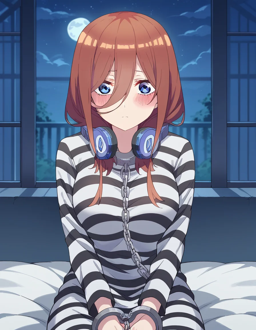 score_9, score_8_up, score_7_up, source_anime, <lora:miku-nakano-s2-ponyxl-lora-nochekaiser:1>, miku nakano, long hair, bangs, blue eyes, brown hair, hair between eyes, headphones, headphones around neck, large breasts,, <lora:prison-clothes-ponyxl-lora-nochekaiser:1> prison clothes, prisoner, prison cell, prison, striped shirt, shackles, handcuffs, chain,, sitting, on bed, looking at viewer, blush, night, moon, moonlight, night sky, window, three quarter view, cowboy shot,