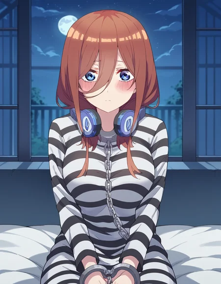 score_9, score_8_up, score_7_up, source_anime, <lora:miku-nakano-s2-ponyxl-lora-nochekaiser:1>, miku nakano, long hair, bangs, blue eyes, brown hair, hair between eyes, headphones, headphones around neck, large breasts,, <lora:prison-clothes-ponyxl-lora-nochekaiser:1> prison clothes, prisoner, prison cell, prison, striped shirt, shackles, handcuffs, chain,, sitting, on bed, looking at viewer, blush, night, moon, moonlight, night sky, window, three quarter view, cowboy shot,