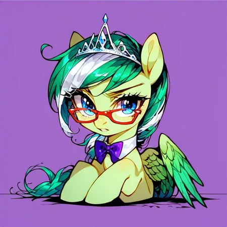 green wings, silver tiara, blue eyes, pony, solo, bowtie, source_anime, violet starlight, score_8_up, tiara, detailed background, happy, dark green hair, wings, flying, thinking, lineart_style, zpdxl2, bow tie, eyebrow raised, sitting, score_9, bow, glasses, purple background