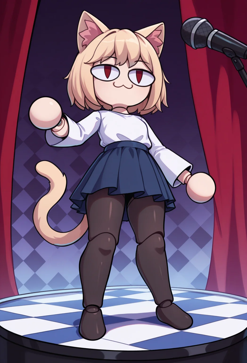 1girl, solo, robot, stage, microphone, doll joints, curtains, checkered background,
masterpiece, best quality, <lora:necoarc-guy90-Illust-LoraV1:1>, cracen, animal ears, short hair, blonde hair, :3, cat girl, cat tail, red eyes, slit pupils, chibi, animal ear fluff, white shirt, long sleeves, blue skirt, black pantyhose, pleated skirt