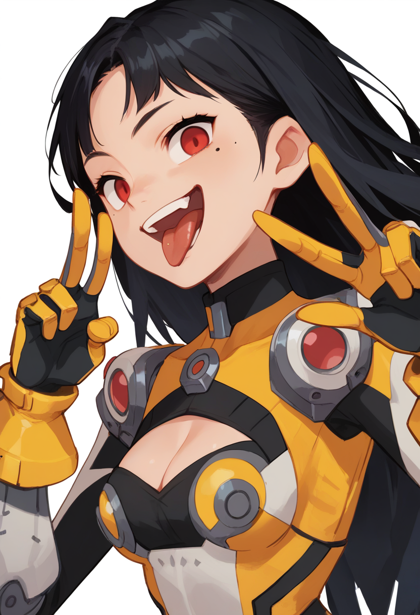 score_9, score_8_up, score_7_up, score_6_up, source_anime, 1girl,solo,long hair,breasts,looking at viewer,smile,open mouth,simple background,black hair,red eyes,gloves,white background,cleavage,medium breasts,upper body,teeth,tongue,tongue out,mole,clothing cutout,mole under eye,v,cleavage cutout,double v,mechanical arms,yellow gloves
<lora:hong_soonsang_v0.3-pony:1>