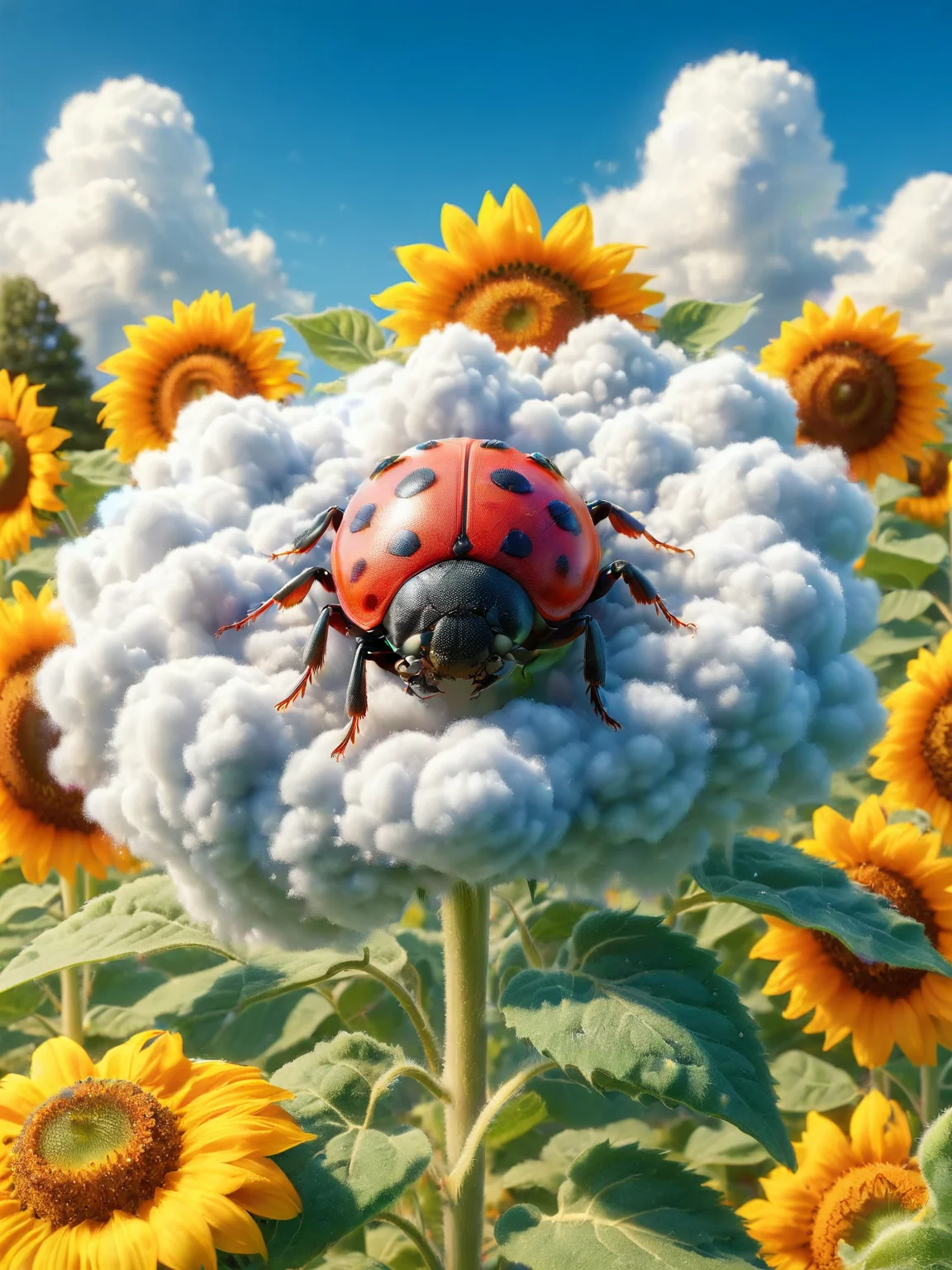 ais-cloudz ladybug landing on a vibrant sunflower in a blooming garden <lora:Cloudz_Style_SDXL:1>