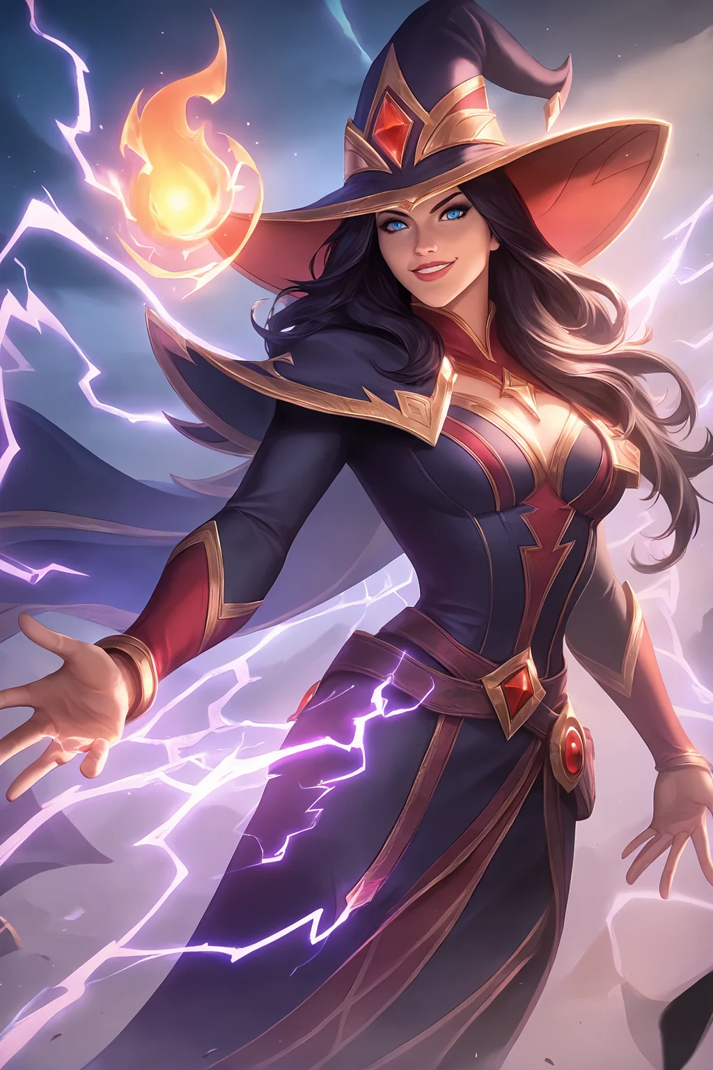 score_9,
<lora:leaguesplash_v1_unpruned:1>, 1girl, light smile, looking at viewer,
wizard, wizard hat, magic, lightning, dark, night, electricity, black robe, red accents, black hair,
long hair, blue eyes,
high resolution, Masterpiece