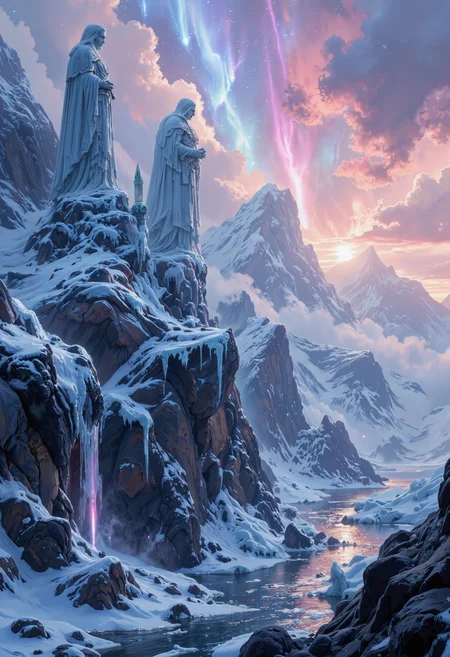 in the style of ck-ovf, A secluded village of ancient warriors, built on icy cliffs overlooking a swirling sea and surrounded by towering frozen statues of legendary Valkyries. The setting sun casts an ethereal pink and blue glow across the icy landscape, while a magical aurora shimmers overhead. Ghostly figures of Valkyries appear in the mist, lending the scene a mystical, reverent energy as their spirits watch over the village.<lora:ck-OneViolentFantasy-000021.safetensors:0.6:0.6>