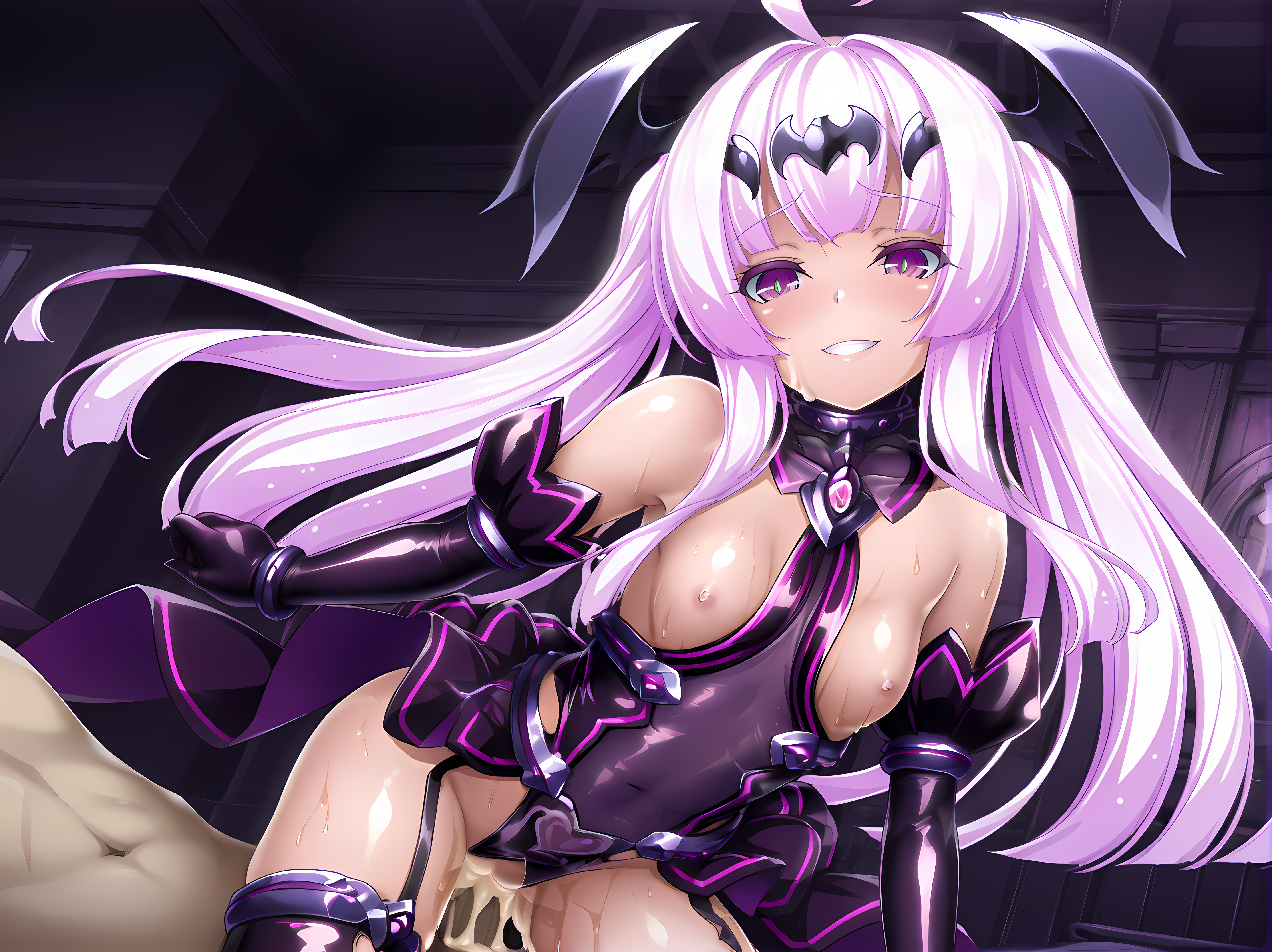 <lora:Yuri_Amakubo_-_Exstia_Illustrious:1>,lusterise,flora,dark persona,purple eyes,very long hair,cowboy shot,smile,breasts,indoors,small breasts,hetero,1boy,breasts,cum,penis,nipples,nude,cum in pussy,small breasts,sex,grin,vaginal,barefoot,collarbone,covered navel,showgirl skirt,thighhighs,elbow gloves,garter straps,, masterpiece,best quality,amazing quality,