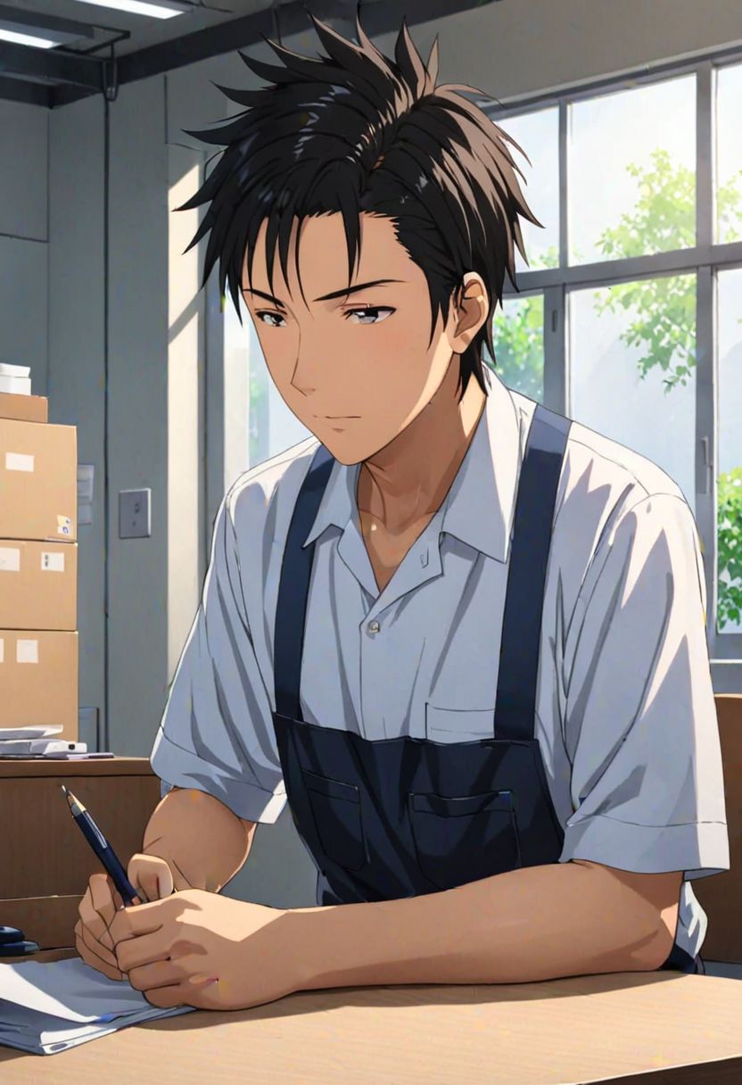 Highres, Masterpiece, High Quality, 4K, Soujiro Agata, 1boy, solo, black hair, shirt, worker, working, profession, Realistic Light, candid photo