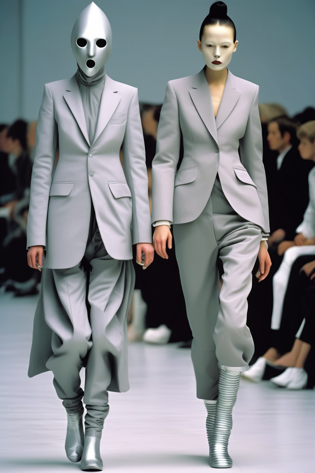 <lora:Avant-garde Fashion:1>Avant-garde Fashion - female model wearing long grey suit outfit made of cotton, alien mask, and silver boots designer Walter Van Beirendonck clothing, man wearing Walter Van Beirendonck walking the runway