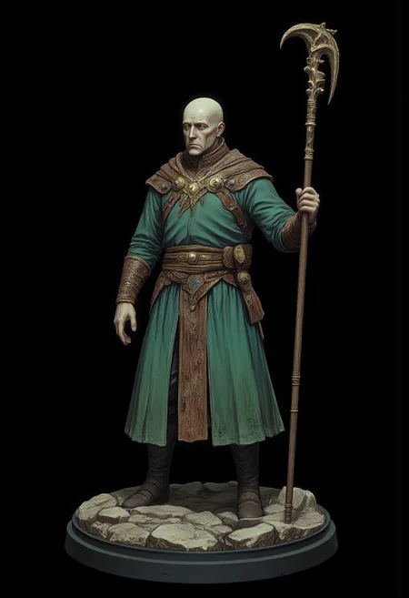 Standing in a hyper stanced extended action pose
a meddle aged bald medieval mage wearing a green tunic and a wizards staff made out of wood zbrush
Set against a solid dark black color background to emphasize its unsettling unnatural form that emphasizes its silhouette. The medium is not a traditional painting or illustrative medium like watercolor or ink but rather a digital 3D rendering.
MikeFranchinastyle, d4artstyle, d4concept, , bbstyle,, horror theme,, zbrush, ZBClay model of a gray sculpture, 1990's, 1990's style