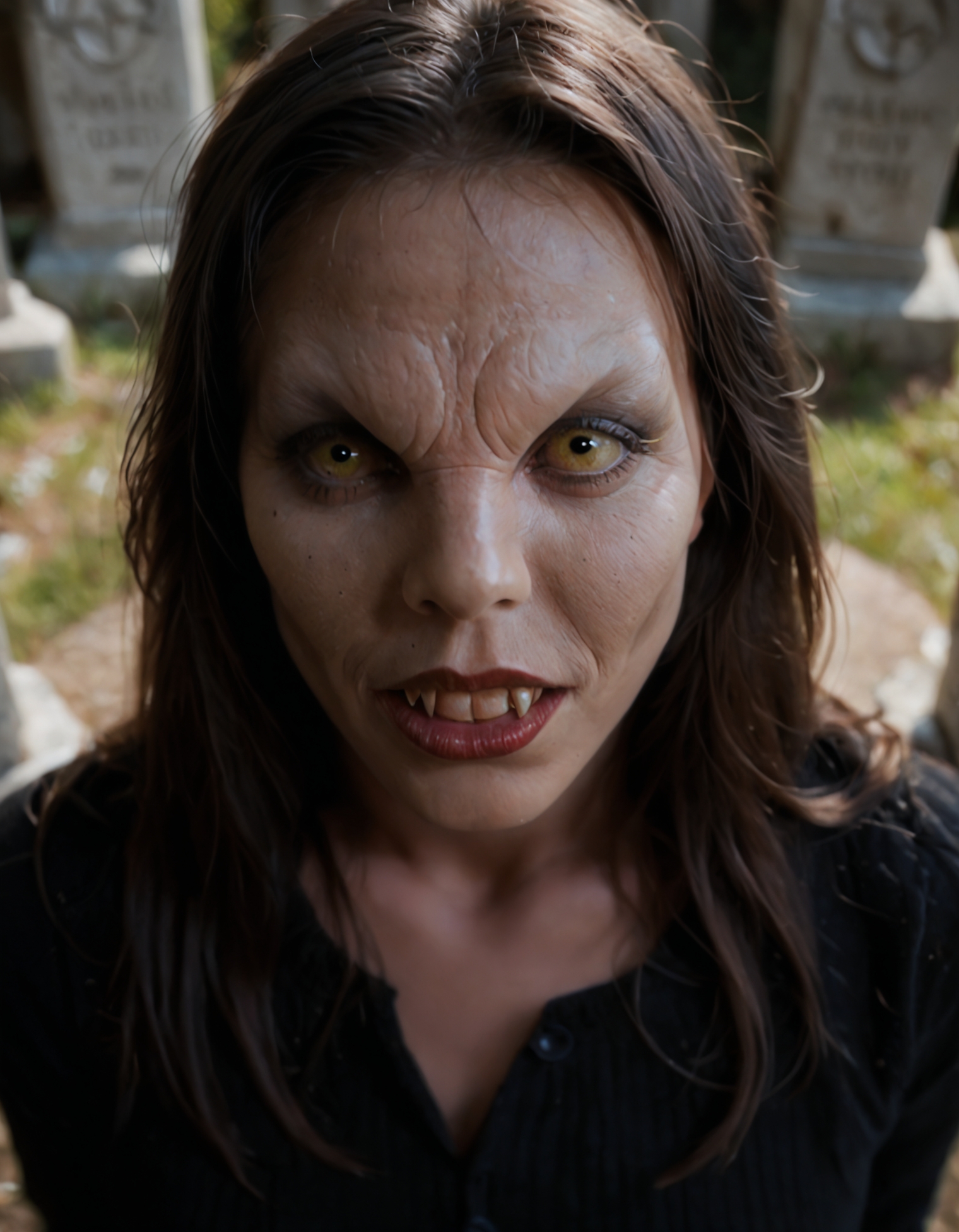 score_9,score_8_up,score_7_up,vmp,1girl,drusilla,long hair,black hair,realistic skin,From above,portrait,yellow eyes,teeth,fangs,solo focus,looking at viewer,photo,realistic,dramatic lighting,chiaroscuro,depth of field,cinematic,cemetery,standing