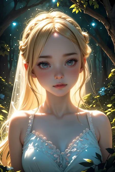 ( detailed realistic background:1),
( official art, beautiful and aesthetic:1 ),
realistic lighting,
cinematic lighting,
hyperrealism,
soothing tones,
muted colors,
high contrast,
soft light,
sharp,
artistic photoshoot,
<lora:FeyAndFairies-11:0.8>FeyFa, , forest, trees, middle, path, waterfall, through, background, stream, flowers, lights, running, in the foreground stands a fairy in front of her fairy house, light,( cute, petite ),
slender,
european,
pale cheeks,
square face shape with angular jaw,
natural "no-makeup" makeup,
big breasts,
,
blonde hair ,
crown braid  ,wearing a see-through gossamer fairy short dress,
night time, darkness, (closeup portrait photo:1.4)