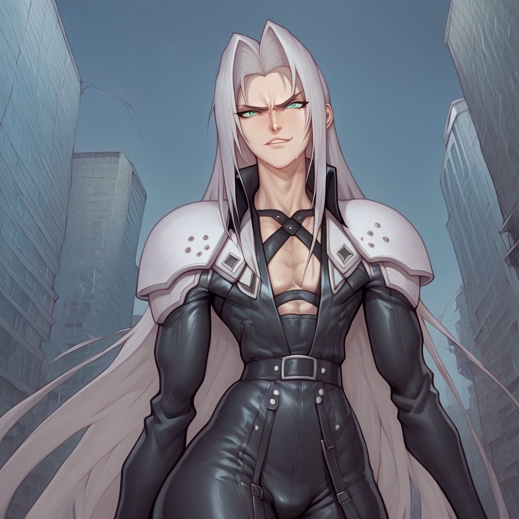 score_9, score_8_up, score_7_up, flightless detailed closeup action shot, from front, Sephiroth leaping through the air swinging very long sword in a wide overhead arc, smug expression, dynamic pose, exaggerated perspective emphasizing action, in an industrial city at night, dim street lighting, solo, beautiful, androgynous, flat chest, leather straps, broad shouldered, long draping leather overcoat, high contrast, industrial cityscape background,