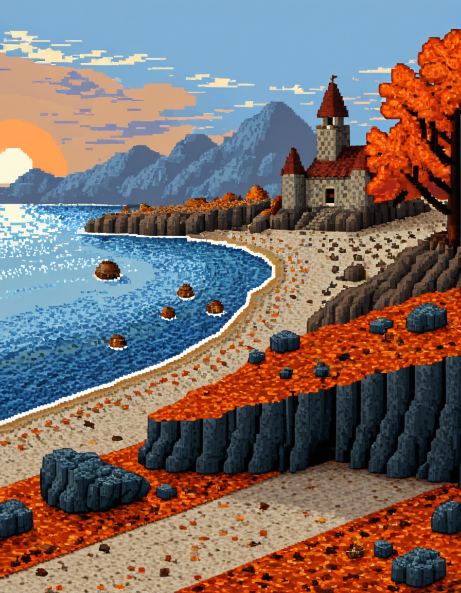 <lora:MWMinis_pixpixxl:1> day, landscape, scene, pixpix, sea, rocks, autumn, big pixels, pixel art,