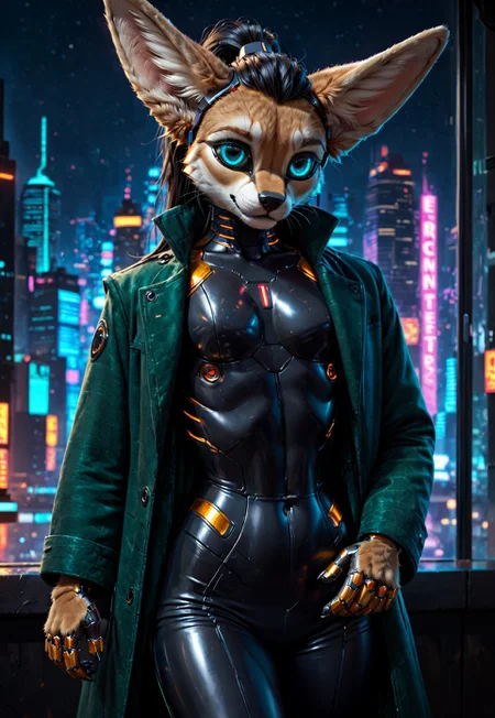 score_9, score_8_up, score_7_up, score_6_up, photorealistic, epiCPhotoGasm-colorfulPhoto, Realistic, highres, super high resolution, 8k, photo, furry, Furry, anthro, fur, male, fennec, brown fur, implanted eyes, robot face, robot face, he has silver plate on the head,  implanted forehead, blue glowing eyes, metal head, silver forehead, metal eyes, sad, long black hair gathered in a long ponytail, ponytail, the sides of the head are clean-shaven, black hair, metallic head, silver thin helmet, metal face, he has implanted face, close-up, long dark green thick coat, green coat,  black leather shirt, black tight pants, long black hair, implants, implant eye, robot, furry,  cyberpunk, night, cyber city, cyberpunk city, metallic eyes, metallic fur, robot, thin body, night, city, cyberpunk city, cyberpunk, realistic, detailed, detailed fur,  he holding the hand of the viewer, holding viewer hand,