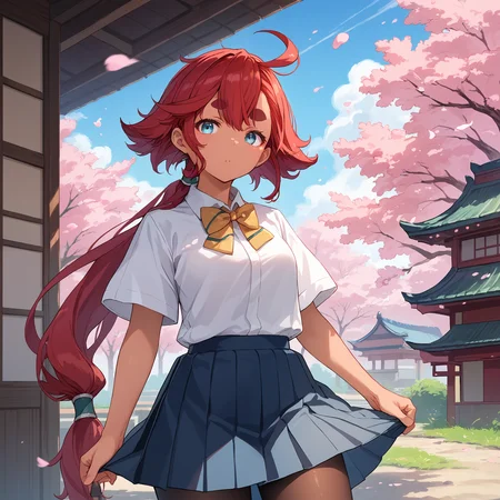 score_9, score_8_up, score_7_up, score_6_up, score_5_up, score_4_up, BREAK source_anime, look at viewer, 1girl, outdoors, cherry blossom, masterpiece, best quality, high detailed skin, suletta mercury, dark skin, red hair, long hair, low ponytail, ahoge, blue eyes, thick eyebrows, school uniform, white collared shirt, bowtie, pleated skirt, pantyhose, short sleeves,
