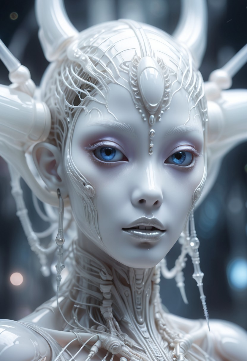 Real sharp photo, A beautiful milky skinned glass humanoid with ghostly white heavy makeup, hair ornament, glowing eyes, intricate details, small mouth, translucent glass outfit, blurry spaceship background, sweet color tones, soft, dreamlike, surrealism, intricate details, Masterpiece of the best quality, high resolution, 8k.