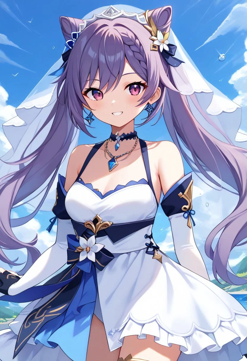 score_9, score_8_up, score_7_up, source_anime, best quality, masterpiece, 1girl, solo, smile. dutch angle, outdoors, sky,
keqingcs, purple hair, cone hair bun, purple eyes, long hair, double bun, braid, twintails, 
white veil, white dress, blue straps, pendant, white elbow gloves, fingerless gloves, thighlet, asymmetrical legwear