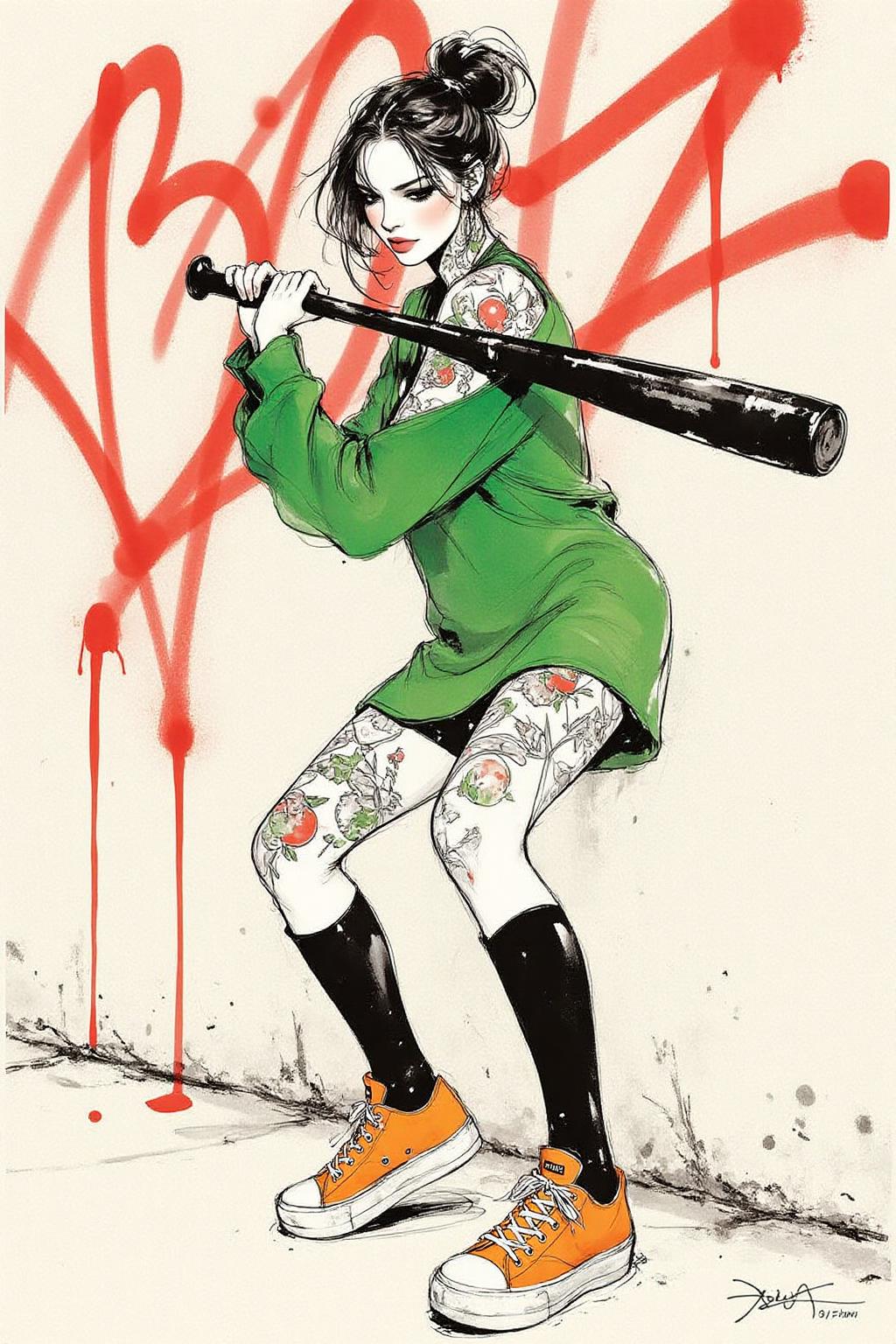 nijiwc1 ink wash brush style illustration 
liquid splash, cartoonish juicy fruits chaos, dynamic pose, dynamic camera, a fashion shoot, an illustration of a woman threateningly holding a baseball bat in her hands, full body tattoo, wearing green short sweater, miniskirt, knee socks, orange sneakers, aggressive facial expression, wall with graffiti in the background,  <lora:inkwash_niji_nocap_d6a3:1.0><lora:806972892903562582:0>